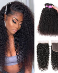 qvr curly natural black virgin human hair bundles with 4x4 lace closure hair weave