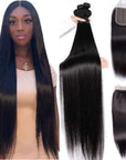 qvr silky straight natural black human hair bundles with 4x4 lace closured hair weave