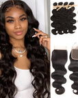 qvr natural black body wave human hair bundles with 4x4 closure virgin hair weave