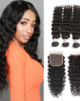 qvr deep wave natural black human hair bundles with peruvian hair closured hair weave