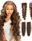 qvr brown highlight deep wave human hair bundles with lace closure piano color virgin human hair weave