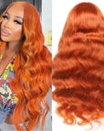 qvr wigs ginger orange body wave 4x4 lace closure pre-plucked human hair