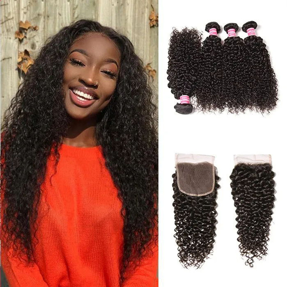 QVR Black 4pcs Jerry Curly Human Hair Bundles With 4X4 Lace – QVR Hair