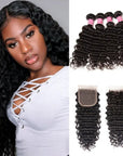 qvr natural black water wave human hair bundles with 4x4 lace closure hair weave