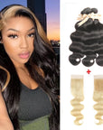 qvr skunk stripe wavy black human hair bundles with lace closure blonde virgin hair