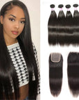 qvr natural black straight human hair bundles with 4x4 lace closure hair weave