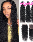 qvr water wave natural black human hair bundles with 4x4 lace closure human hair weave
