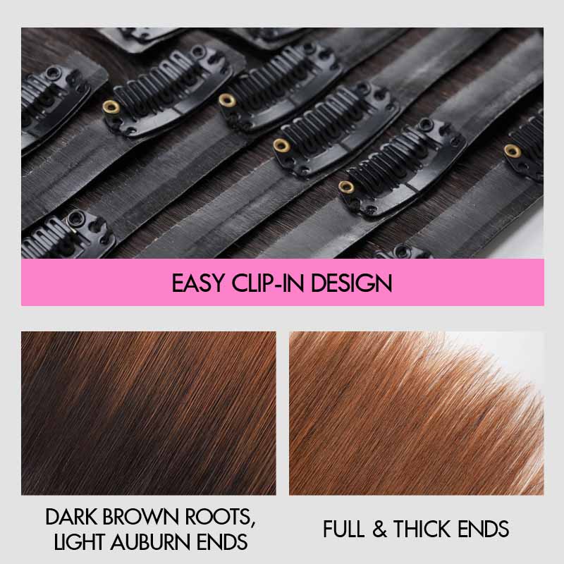 QVR Ombre Brown PU Clip In Hair Extensions Straight Seamless Clip In Human Hair