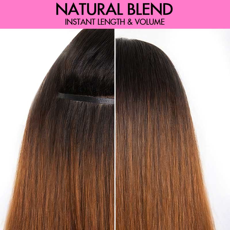 QVR Ombre Brown PU Clip In Hair Extensions Straight Seamless Clip In Human Hair