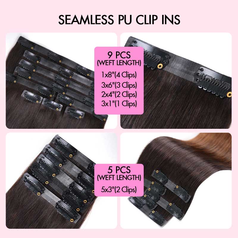 QVR Ombre Brown PU Clip In Hair Extensions Straight Seamless Clip In Human Hair