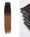 QVR Ombre Brown PU Clip In Hair Extensions Straight Seamless Clip In Human Hair