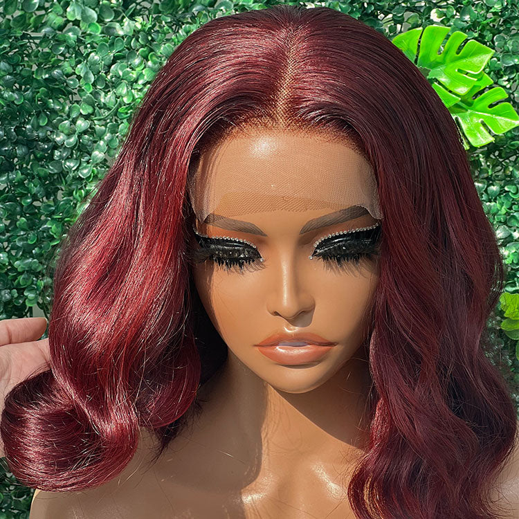 elegant short bob wig in deep wine red, wavy human hair with effortless volume