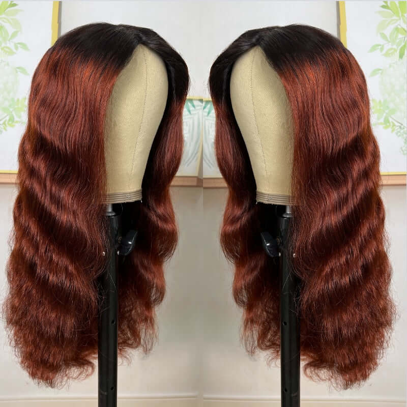 1B/33 body wave v part human hair wigs on wig stand side view