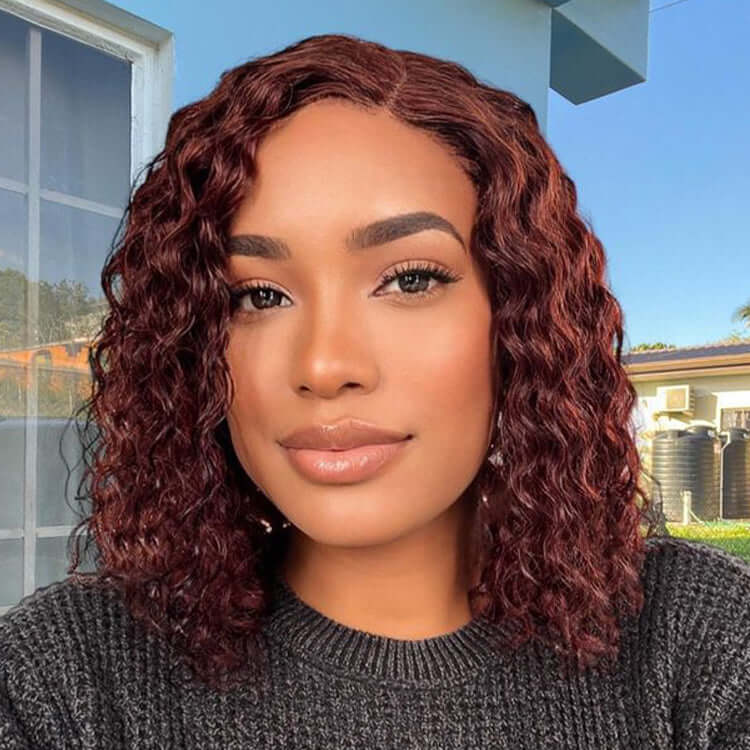 reddish brown short bob wigs with soft water wave curls