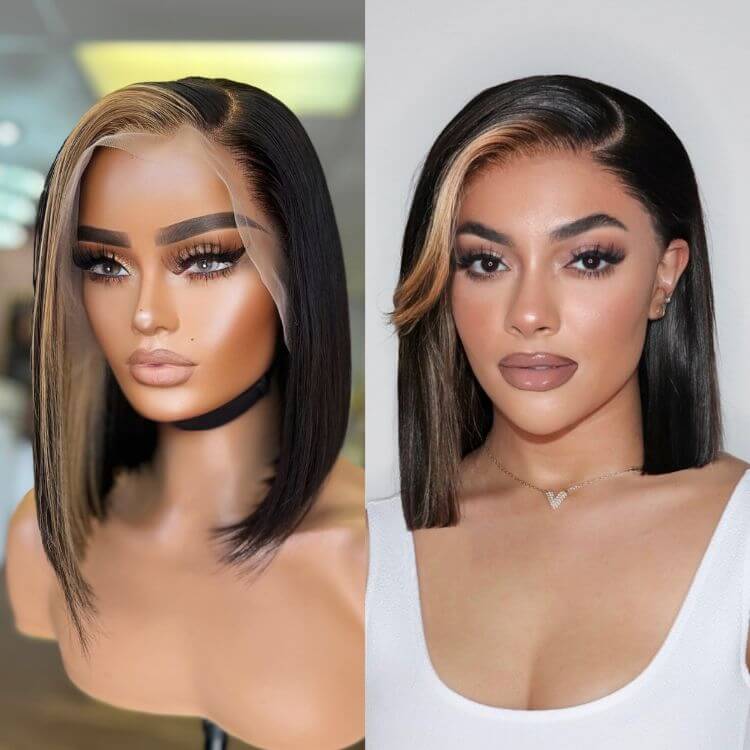 blonde skunk stripe short bob wigs with sleek sliced cut