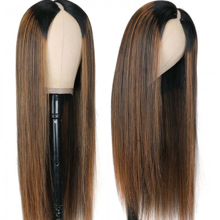 balayage straight v part wig on wig stand side view