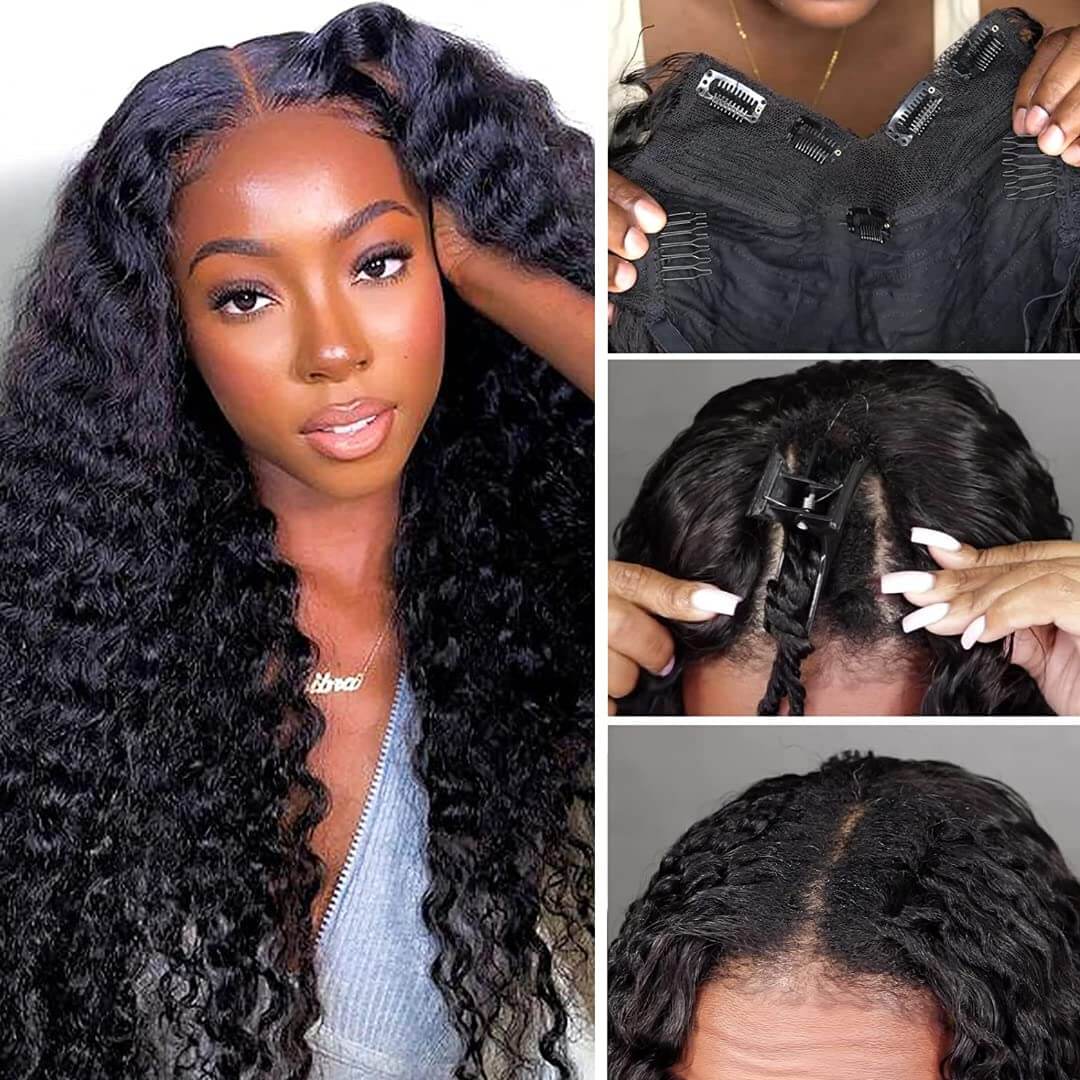 deep wave v part wig 180% density human hair wig no leave out