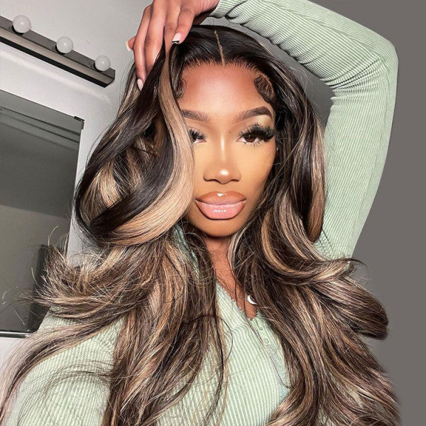 balayage highlight body wave wear and go wig with natural color blend