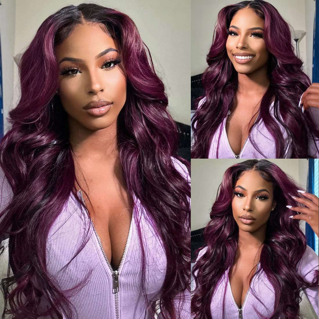 qvr wigs body wave ombre smokey dark purple lace front wig