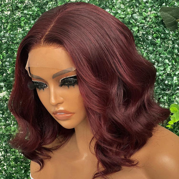 short burgundy bob wig with body wave curls, stylish and breathable lace design