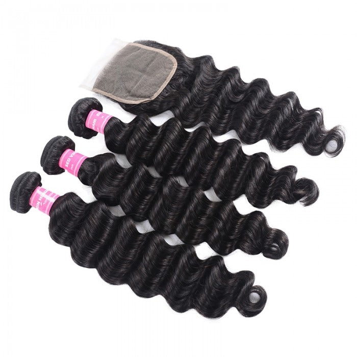 natural black loose deep wave raw hair 3 bundles with remy hair weave with 4x4 lace closure