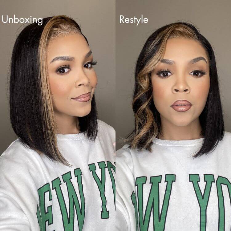 short bob wigs with sharp edges and blonde face-framing streaks