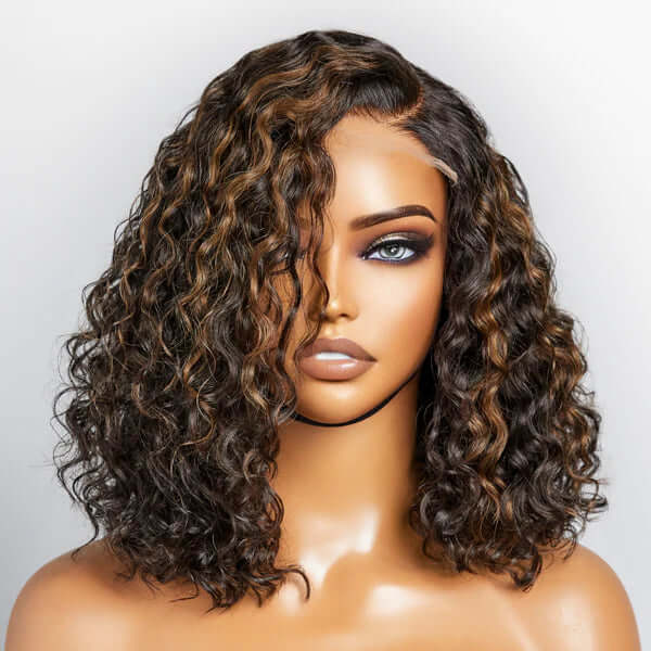 lightweight human hair bob wigs with subtle brown streaks
