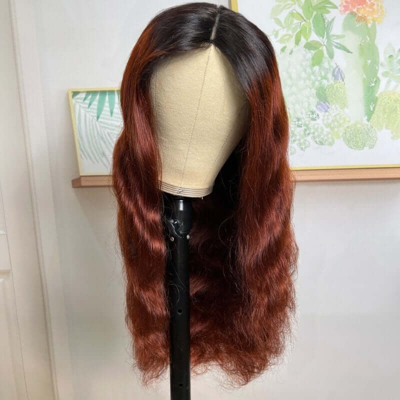 1B/33 body wave v part human hair wigs on wig stand front view