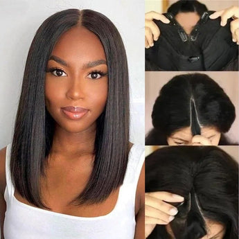 qvr straight v part short bob human hair wigs realistic hairline