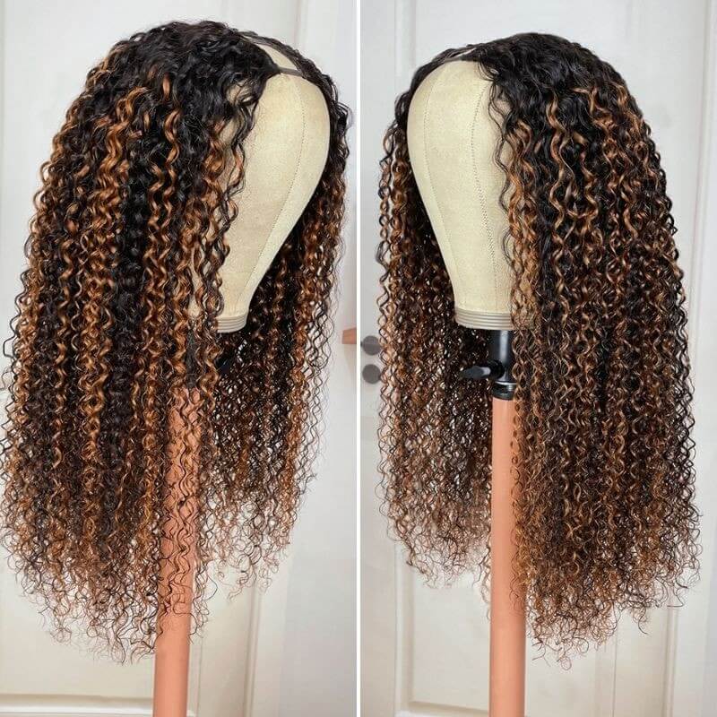 curly v pary wig balayage colored on wig stand