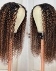 curly v pary wig balayage colored on wig stand