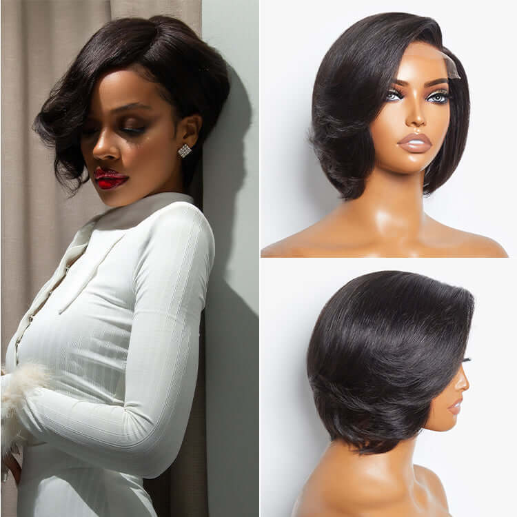 boss style short bob wigs with sleek swept bangs