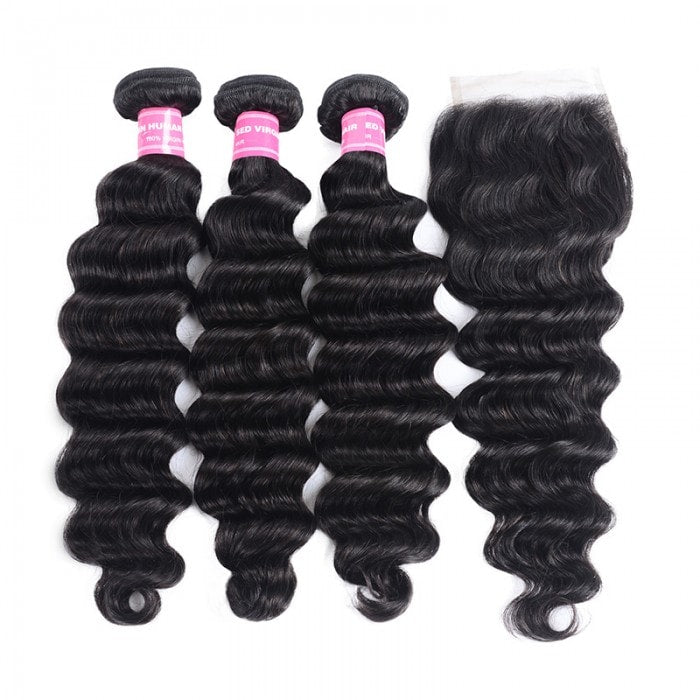 natural black loose deep wave Peruvian human hair bundles with remy hair weave with 4x4 lace closure