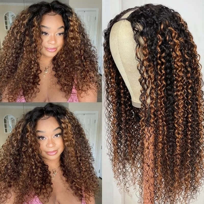 upgraded curly v part wig balayage highlight human hair wig
