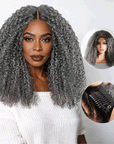 QVR Salt Pepper Kinky Curly V Part Wigs No Leave Out Invisible Lace Edge Human Hair Wig