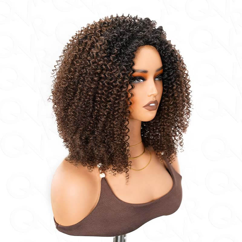 QVR Glueless Kinky Curly Half Wig Invisible Hairline Ombre 