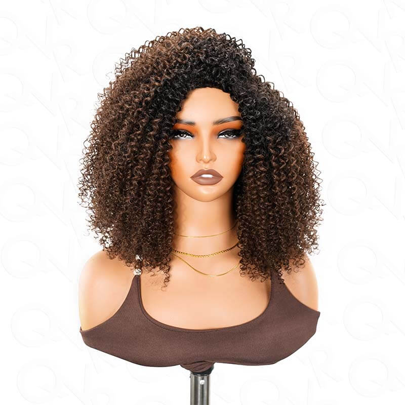 QVR Glueless Kinky Curly Half Wig Invisible Hairline Ombre 