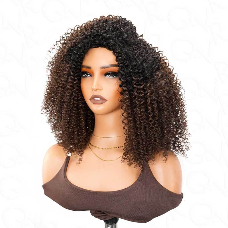 QVR Glueless Kinky Curly Half Wig Invisible Hairline Ombre 