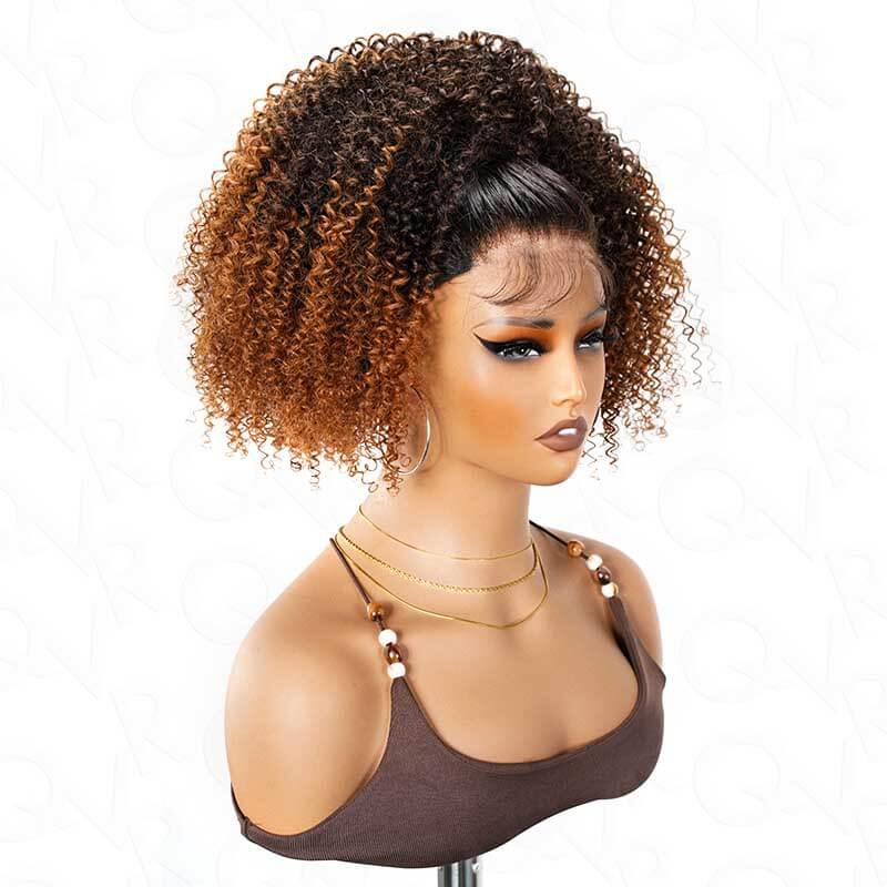 QVR Glueless Kinky Curly Half Wig Invisible Hairline Ombre 