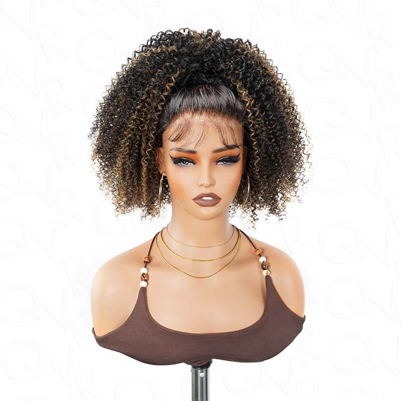 QVR Glueless Kinky Curly Half Wig Invisible Hairline Highlight 