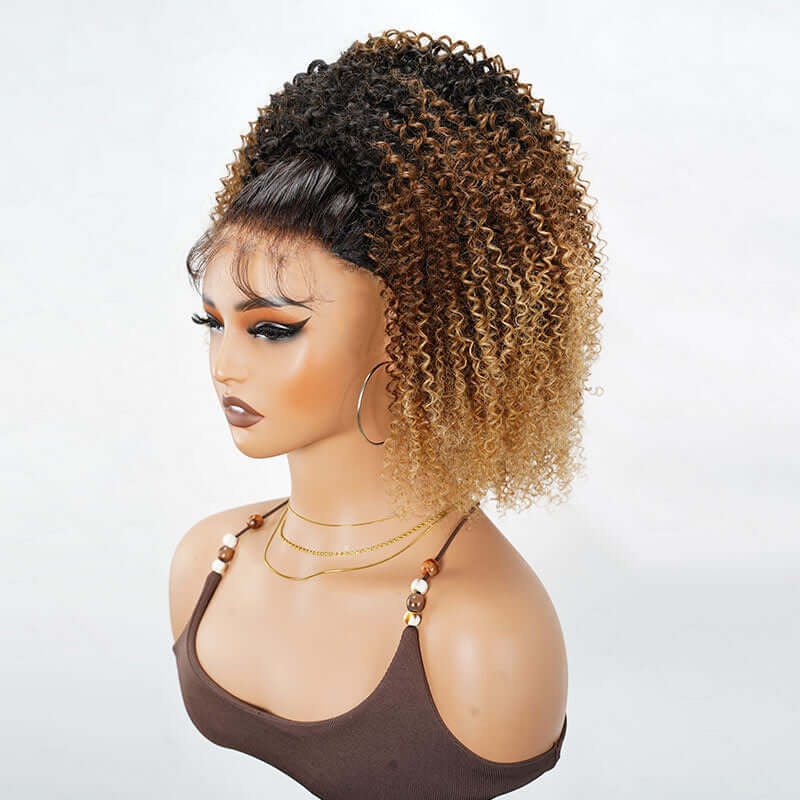 QVR Glueless Kinky Curly Half Wig Invisible Hairline Ombre 