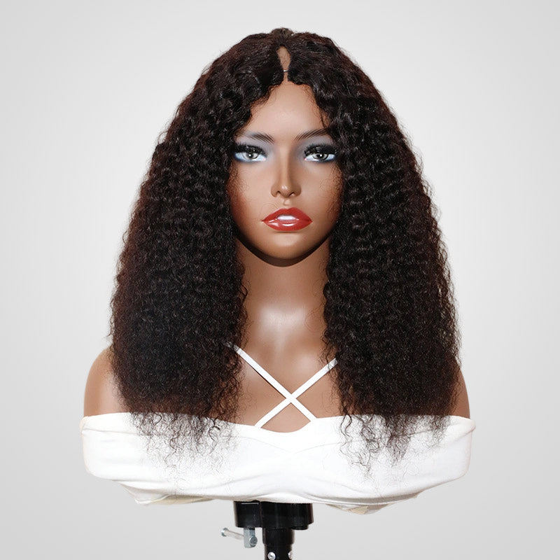 jerry curly v part wig on wig stand front view