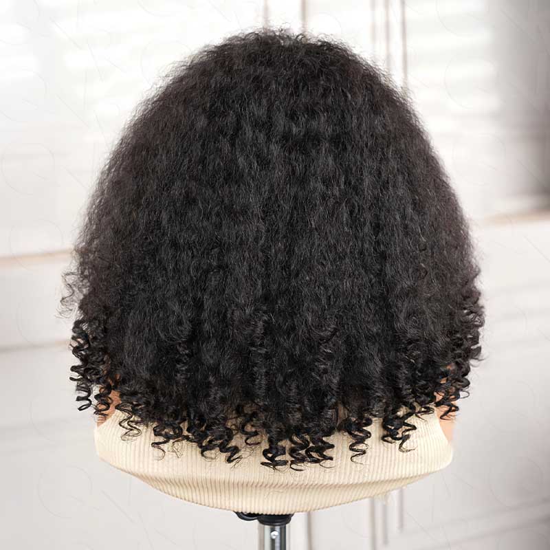 QVR Glueless Kinky Straight Half Wig With Spiral Curl 250% Density Human Hair Wig Natural Black Wear Go Flip Over Wig