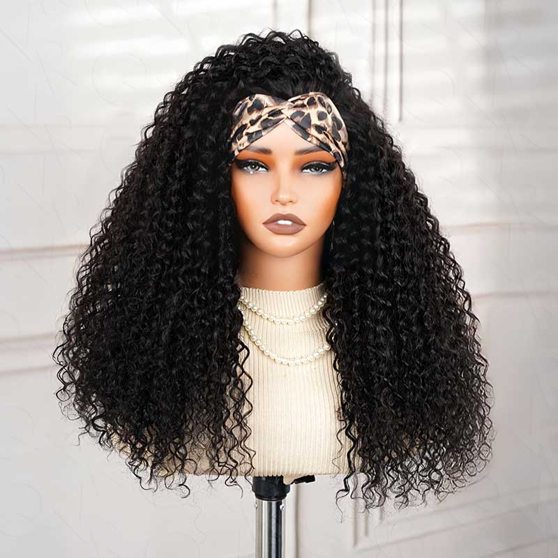 QVR Glueless Water Wave Half Wig 250% Density Human Hair Wig Natural Black Wear Go Flip Over Wig