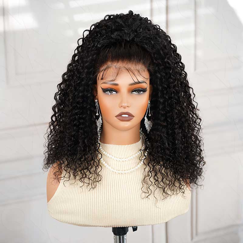 QVR Glueless Water Wave Half Wig 250% Density Human Hair Wig Natural Black Wear Go Flip Over Wig