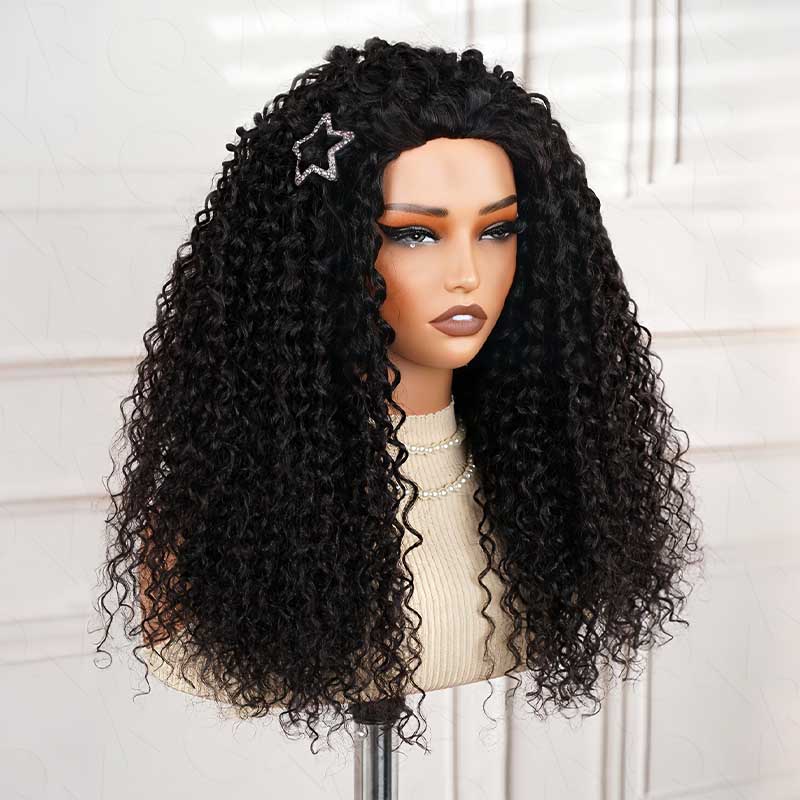 QVR Glueless Water Wave Half Wig 250% Density Human Hair Wig Natural Black Wear Go Flip Over Wig