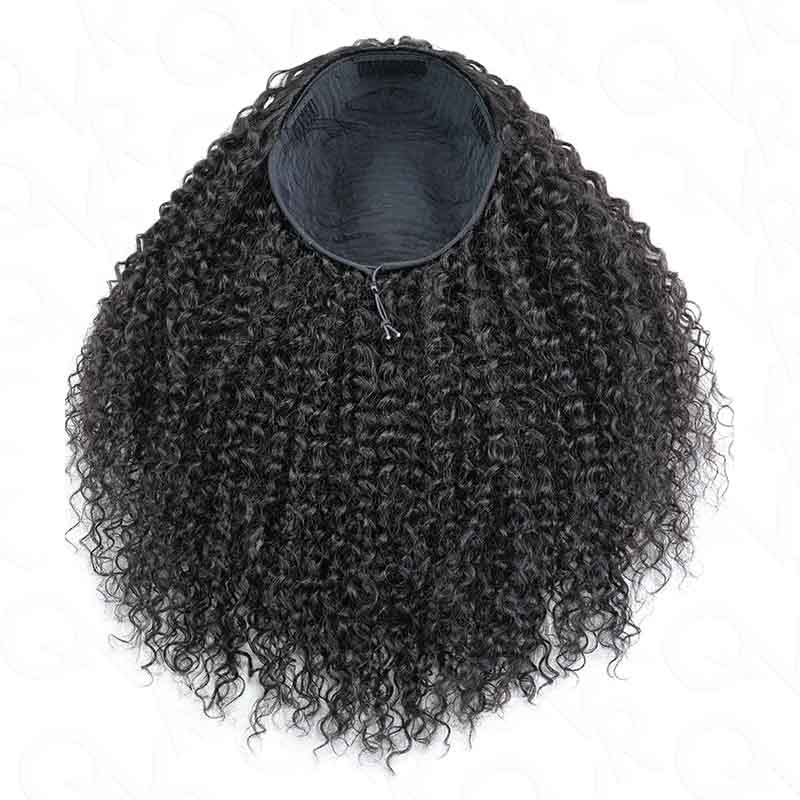 QVR Glueless Water Wave Half Wig 250% Density Human Hair Wig Natural Black Wear Go Flip Over Wig