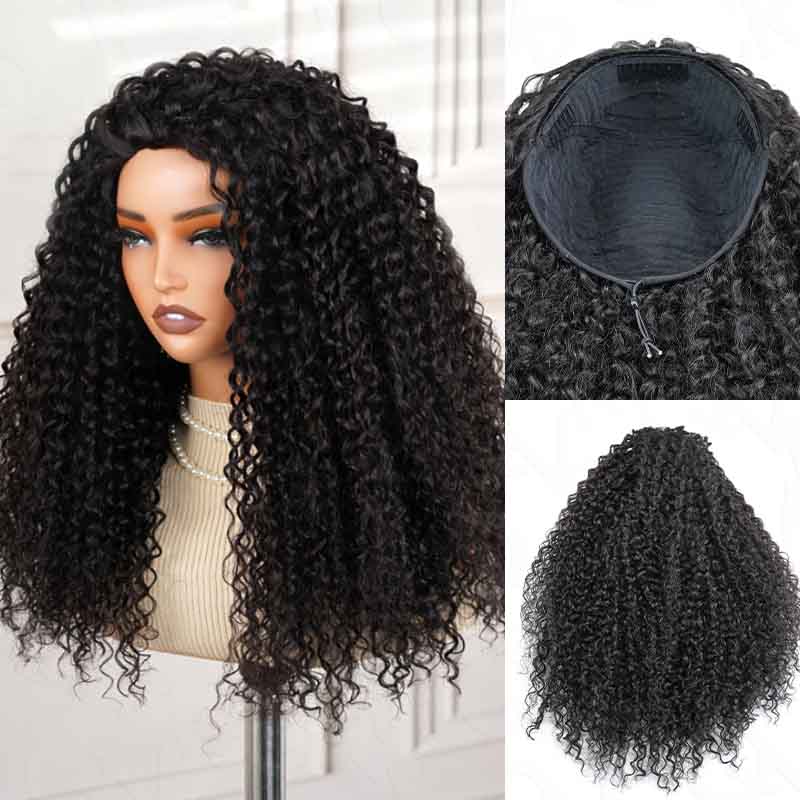 QVR Glueless Kinky Straight Half Wig With Spiral Curl 250% Density Human Hair Wig Natural Black Wear Go Flip Over Wig