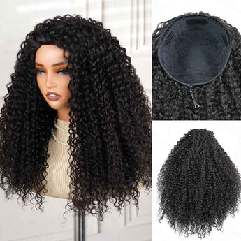 QVR Glueless Water Wave Half Wig 250% Density Human Hair Wig Natural Black with Curly Texture