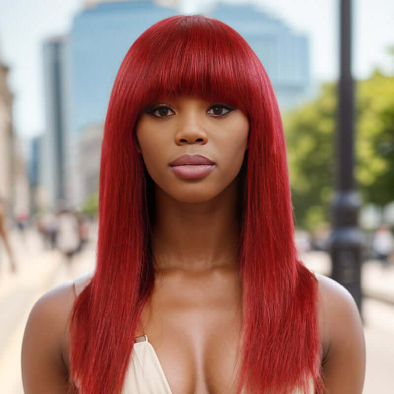 human hair wigs straight burgundy wig with bangs for black women